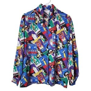 CHERYL TIEGS Vintage 80s Playbill Print Blouse Long Sleeve Button Up USA‎ 16